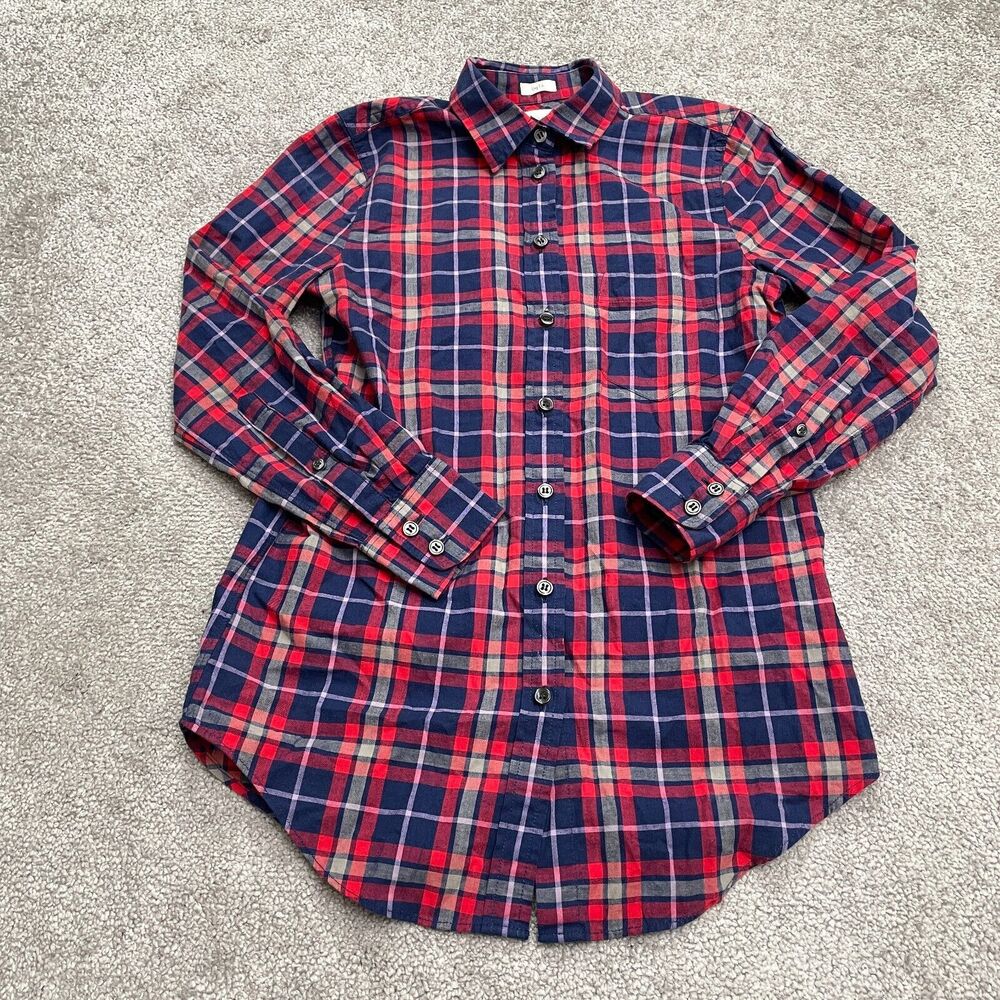 J. Crew Boy Fit Button Down Shirt Womens XXS Petite Blue Red Plaid Cotton Casual